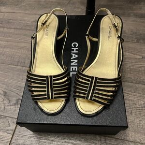 Chanel Suede Kidskin Black and Gold Sandlas